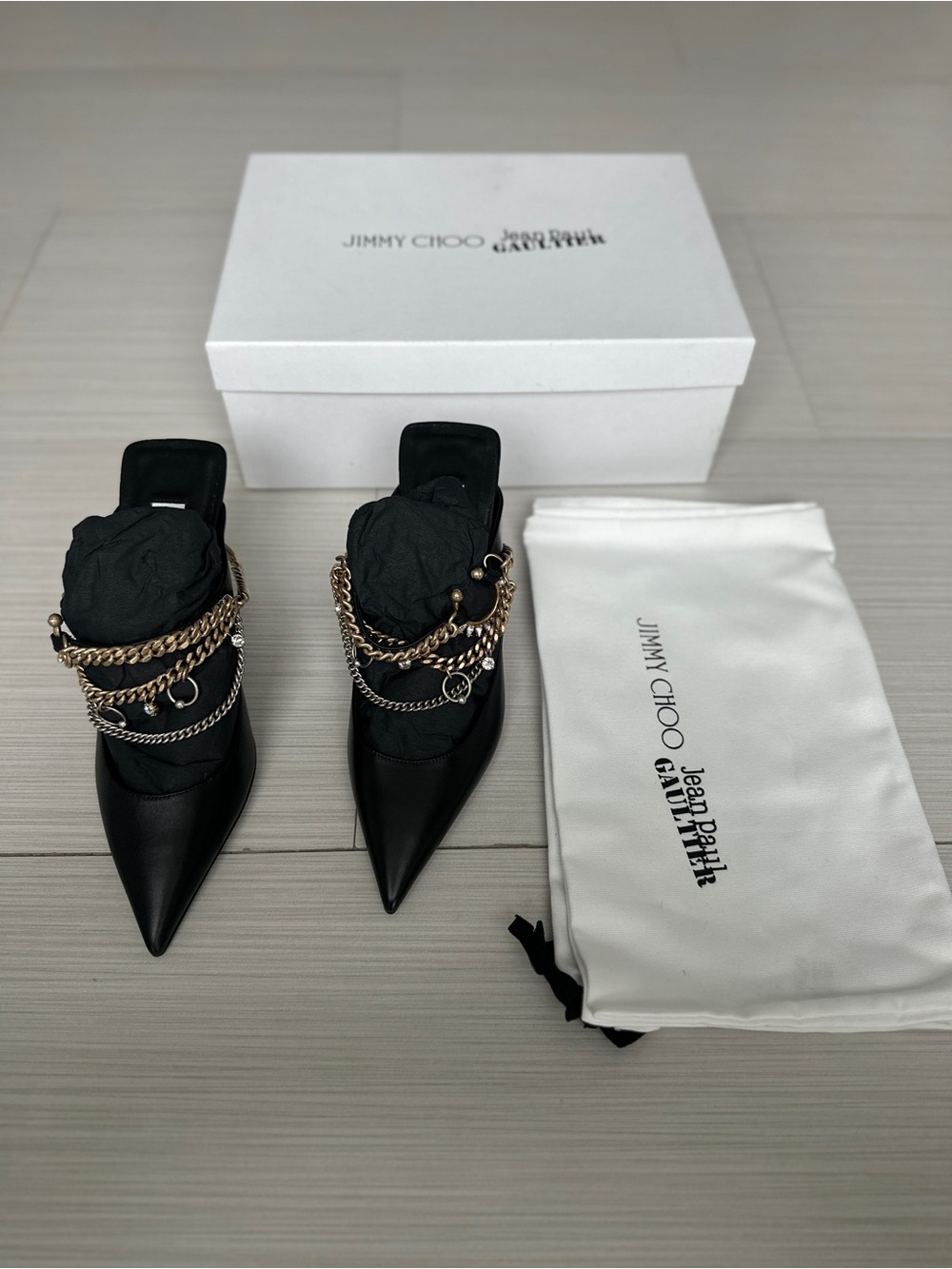 Jimmy Choo x Jean Paul Gaultier Heels Pointed Toe w/ Metal Chains